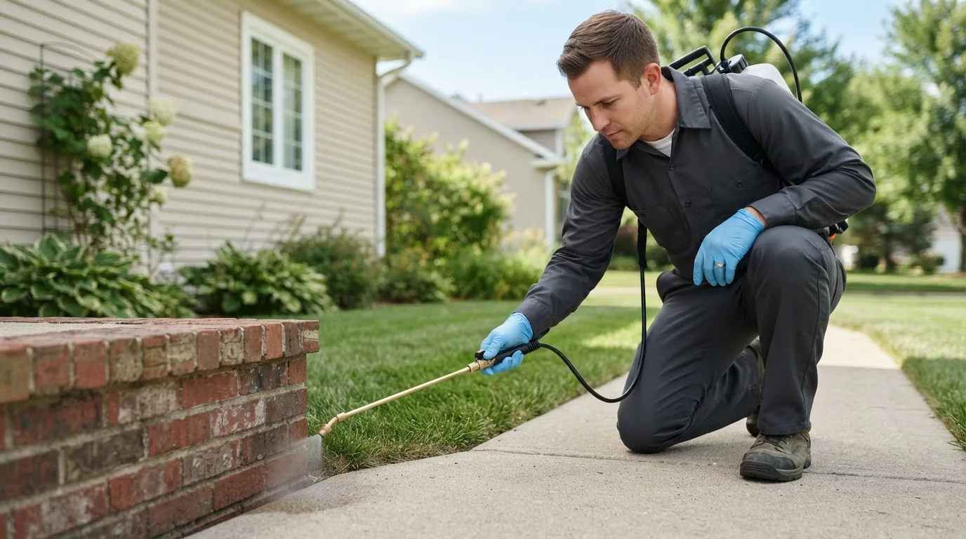 Pest control technician treating a home near Tontogany, OH